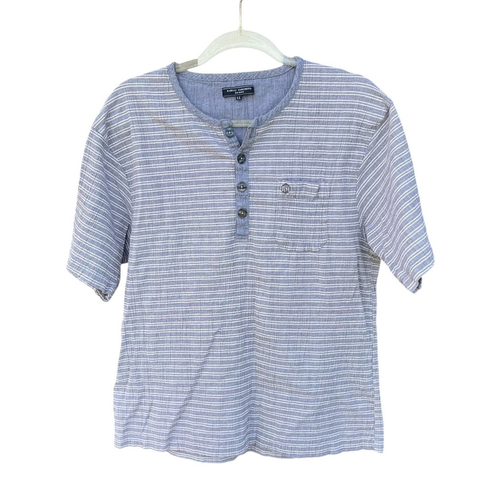 Vintage Kansai Yamamoto Cotton Linen Stripe Henley Short Sleeve Gray Medium Guc